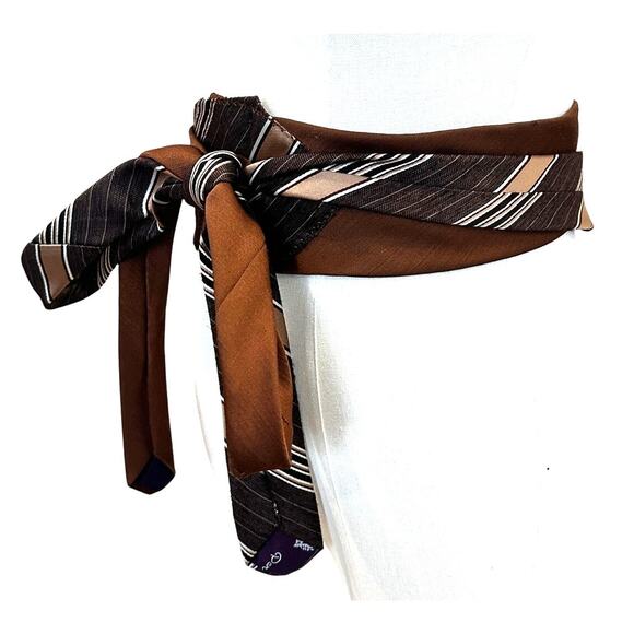 Unique Satin Obi Belt Wide One Size Wrap Brown Academia Upcycled Necktie Ties - Picture 2 of 5